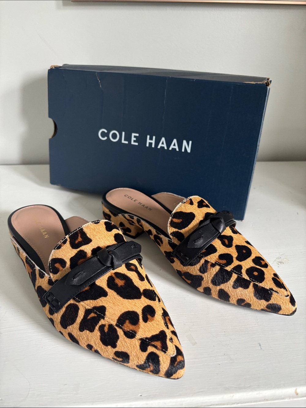 NWT Cole Haan Calf Hair Leopard Mules
